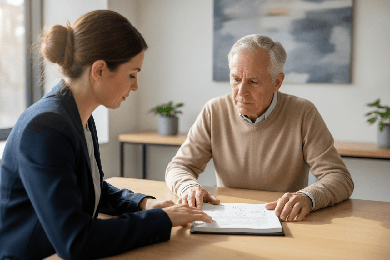 A financial advisor and an older client reviewing a document side by side in a bright office