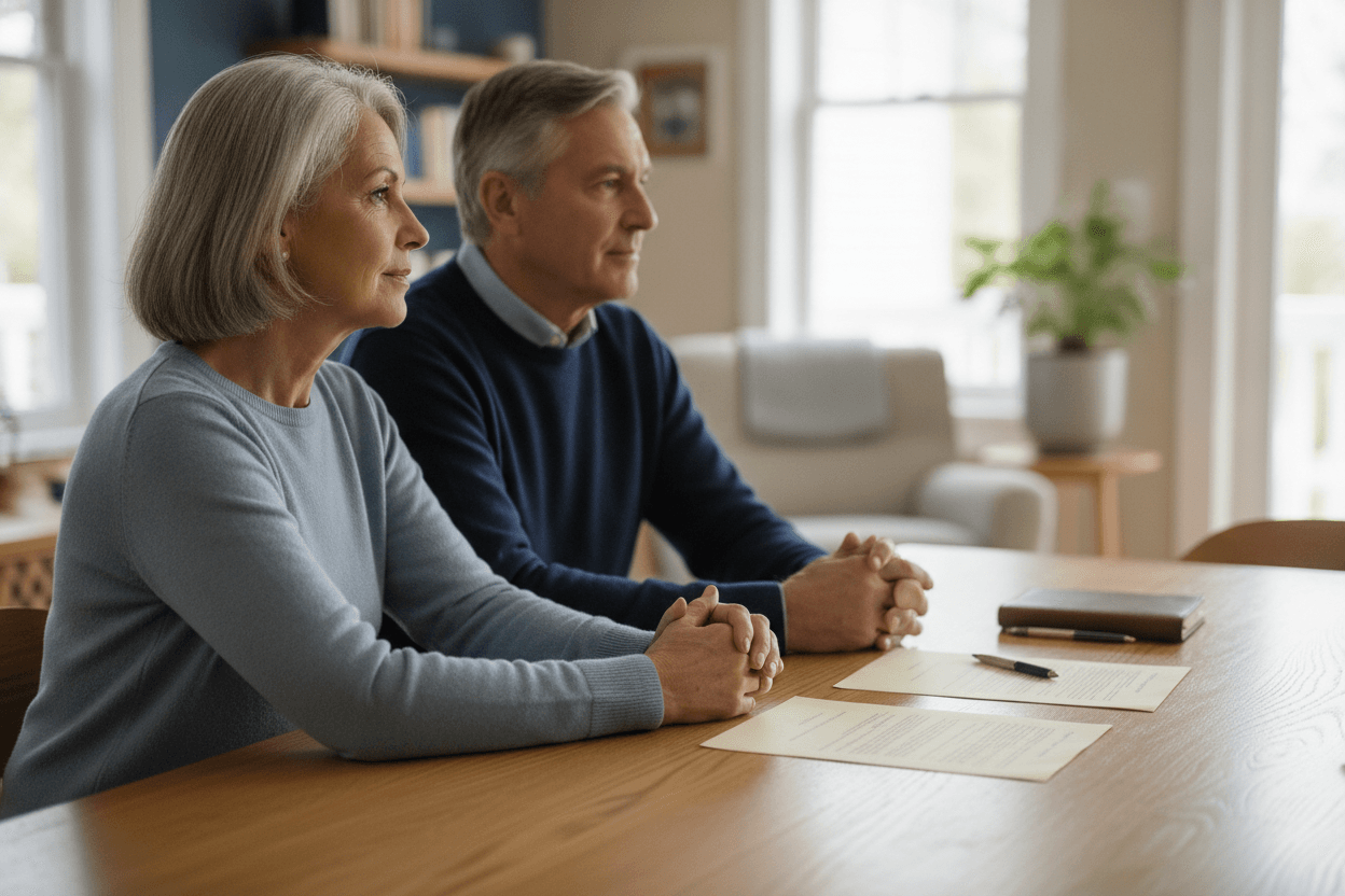 Two people having a calm retirement planning conversation with documents on the table