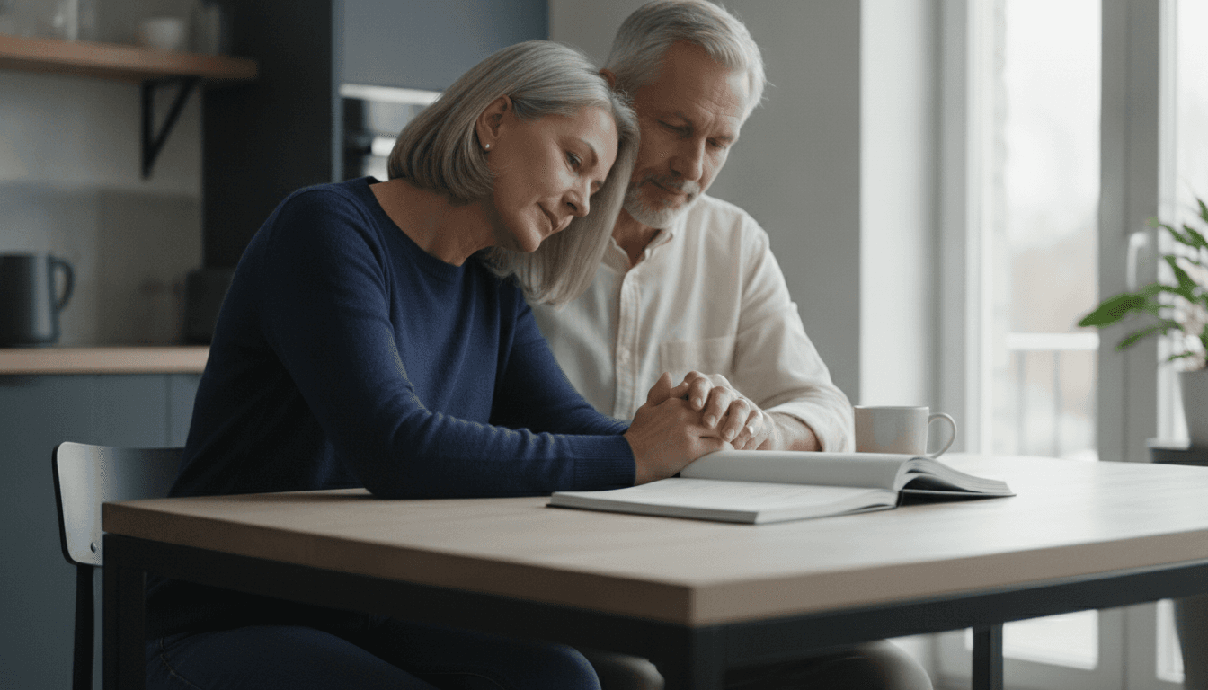 A couple reviewing their printed retirement plan together at a bright kitchen table