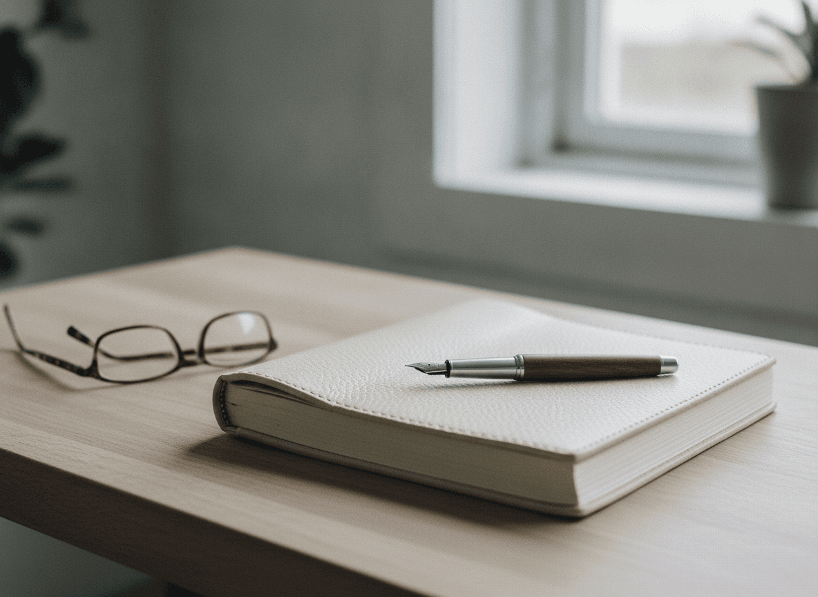 A handwritten retirement planning notebook and pen resting on a desk beside reading glasses